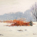 2013, Śnieg, olej na kartonie, 22 x 32 cm. Schnee, Snow, 冬季，雪，村