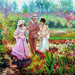 2010, Spacer w ogrodzie,  漫步在花園裡, olej na płótnie, 40 x  50 cm.