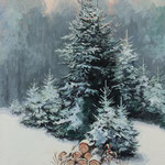 2020, Zima w lesie, olej na płótnie lnianym, 30 x 40 cm.