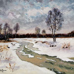 2012, Zima nad rzeką, Winter on the river, olej na płótnie, 30 x 40 cm. 冬季，雪，
