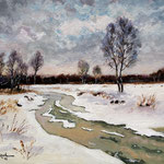 2012, Zima nad rzeką, Winter on the river, olej na płótnie, 30 x 40 cm. 冬季，雪，