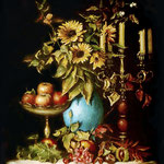 1999, Martwa natura ze słonecznikami i niebieskim wazonem, olej na płótnie, 40 x 50 cm.