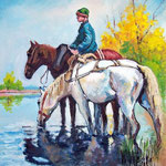 2010, Chłopak i konie,  olej na płótnie, 30 x 40 cm.