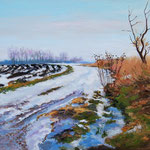 2011, przedwiośnie, olej na płótnie, 30 x 40 cm. Зима, снег, деревня, 冬季，雪，村