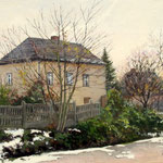 2016, Zima na prowincji, Winter in der Provinz, olej na plotnie, 34 x 46 cm.