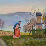 2013, Przy kapliczce, olej na sklejce, 30 x 40 cm. Praying
