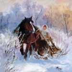 2011, Sanna, olej na sklejce, 24 x 30 cm.  Зима, снег, лошади, девушка, сани, 冬天，雪，马，女孩，雪橇