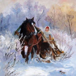 2011, Sanna, olej na sklejce, 24 x 30 cm.  Зима, снег, лошади, девушка, сани, 冬天，雪，马，女孩，雪橇