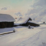 2014, Zima w Rosji, Winter in Russland,olej na płótnie lnianym, 31 x 40 cm. 冬季，雪，村
