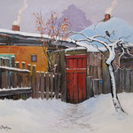 2013, Zima na wsi, olej na płótnie lnianym, 40 x 50 cm. 冬季，雪，村