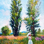 2009, Spacer pod topolami,olej na płótnie, 30 x 40 cm.