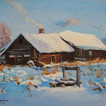 2013, Zima na wsi, Winter auf dem Lande, olej na płótnie lnianym, 30 x 40 cm. 冬季，雪，村