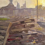 Charles Newman, "An Evening With Pallets #2", 10" x 16", oil on panel