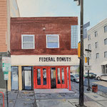 Shushana Rucker, "Corner Donuts", oil on panel, 6" x 6"