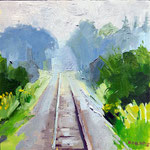 Kate Kern Mundie, "Foggy Railroad", oil on panel, 8" x 8"