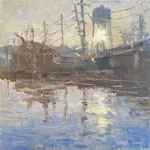 Charles Newman, "Tower and Power Lines", 12" x 12", oil on linen panel