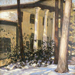 Robert Heilman, "Hall of Philosophy (Mt Gretna Winter)", 7” x 7”, oil on panel