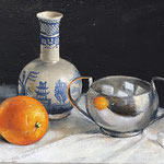 Nancy Bea Miller, "Sugar Bowl, Vase and Orange", 8" x 10", oil