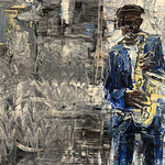 Gregory Prestegord, "Jazz Man on Market and 4th Making Money", 12" x 24", oil on panel