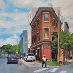 Shushana Rucker, "Street Corner", oil on panel, 10" x 19"