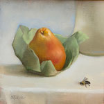 Nancy Bea Miller, "Pear and Bee", 8” x 8”, oil on canvas