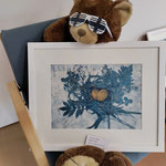 Latest monoprint with two golden eggs, quality control buddy presenting...