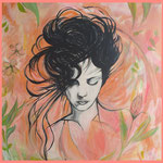 Pintura de mujer soñando fondo pastel de la artista Karina Müller en Ayamont