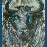 Painting of a blue bull pintado a mano de la artista Karina Müller Ayamonte 