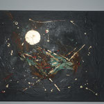 "Big bang" Acrylique, métal doré, patine, oxydation sur toile 50 x 40