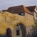 #640 / Marbach am Neckar - Stadtmauer im Abendlicht, Aquarell,  Marbach am Neckar - City wall in the evening light, watercolor painting, Aquarellpapier/watercolor paper: Arches 185 g/m²,  Bildausschnitt H x B (H x W): 36 cm x 54 cm, VERFÜGBAR/AVAILABLE