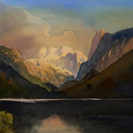 #715 / Schönheit im Abendlicht - Dachstein über Vorderem Gosausee, Aquarell,  Beauty in the evening light - Dachstein, watercolor painting, Aquarellpapier/watercolor paper: Arches 185 g/m²,  Bildausschnitt H x B (H x W): 50 cm x 75 cm, VERKAUFT/SOLD