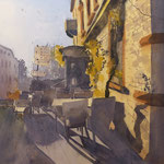 #688 / Winterruhe, Biergarten heute geschlossen, Aquarell, Winter break, beer garden closed today, watercolor painting, Aquarellpapier/watercolor paper: Arches 185 g/m²,  Bildausschnitt H x B (H x W): 75 cm x 50 cm, VERFÜGBAR/AVAILABLE
