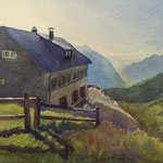#727 / Alp Grüm - Restaurant Belvedere, Aquarell, watercolor painting, Aquarellpapier/watercolor paper: Hahnemühle Ingres 100 g/m²,  Bildausschnitt H x B (H x W): 40 cm x 60 cm, VERFÜGBAR/AVAILABLE