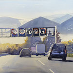 #626 / Der Berg ruft (A8 bei Irschenberg), Aquarell,  Off to the mountains, watercolor painting, Aquarellpapier/watercolor paper: Arches 185 g/m²,  Bildausschnitt H x B (H x W): 50 cm x 75 cm, VERFÜGBAR/AVAILABLE