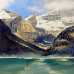 #676 / Atemberaubend - Morgenlicht am Lake Louise, Aquarell,  Breathtaking - Morning light mountain view at lake Louise, watercolor painting, Aquarellpapier/watercolor paper: Arches 185 g/m²,  Bildausschnitt H x B (H x W): 50 cm x 75 cm, VERKAUFT/SOLD