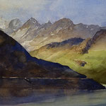 #860 / Val d’Anniviers - Bergblick am Moiry-Stausee II, Aquarell,  Mountain view at the Moiry Reservoir, watercolor painting, Aquarellpapier/watercolor paper: Hahnemühle Ingres 100 g/m²,  Bildausschnitt H x B (H x W): 30 cm x 45 cm, VERFÜGBAR/AVAILABLE