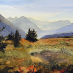 #823 / Schweizer Alpen - Hochebene, Alpenheide & Herbst mit Bergblick, Aquarell,  Swiss Alps - Alpine heath in autumn, watercolor painting, Aquarellpapier/watercolor paper: Arches 185 g/m²,  Bildausschnitt H x B (H x W): 50 cm x 75 cm, VERFÜGBAR/AVAILABLE