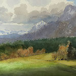 #910 / Bergblick I/2026 (Berg Sparber, Strobl am Wolfgangsee), Aquarell //  Mountain View I/2026; Aquarellpapier/watercolor paper: Arches 185 g/m²,  H x B (H x W): 36 cm x 54 cm, VERFÜGBAR/AVAILABLE