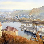 #905 / Stadt-Land-Fluss - Passau (IV), Aquarell,  City-Country-River - Passau (IV), watercolor painting, Aquarellpapier/watercolor paper: Arches 185 g/m²,  Bildausschnitt H x B (H x W): 36 cm x 54 cm, VERFÜGBAR/AVAILABLE