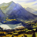 #826 / Schweizer Alpen - Lenzerheide, Heidsee, Aquarell,  Swiss Alps - Lenzerheide and Heidsee, watercolor painting, Aquarellpapier/watercolor paper: Arches 185 g/m²,  Bildausschnitt H x B (H x W): 50 cm x 75 cm, VERFÜGBAR/AVAILABLE