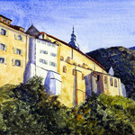 #828 / Unter Mauern; Chur, Schweiz - Mauern der Kathedrale St. Mariä Himmelfahrt von Westen, Aquarell,  Swiss Alps - Chur; Cathedral walls, watercolor painting, Untergrund/ground: Phoebe Screenboard-Karton 2 mm,  Bildausschnitt H x B (H x W): 40 cm x 60 c