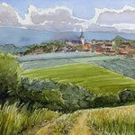 #875 / Münchingen Stadtansicht, Aquarell, watercolor painting, plein air, Aquarellpapier/watercolor paper: Hahnemühle Ingres 100 g/m²,  Bildausschnitt H x B (H x W): 30 cm x 45 cm, VERFÜGBAR/AVAILABLE