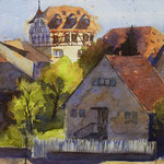 #742 / Stadtansicht Münchingen - altes Schloss, Aquarell, watercolor painting, plein air, Aquarellpapier/watercolor paper: Hahnemühle Ingres 100 g/m²,  Bildausschnitt H x B (H x W): 30 cm x 45 cm, VERFÜGBAR/AVAILABLE