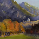 #865 / Schloss Neuschwanstein (II), Aquarell, Neuschwanstein Castle (II), watercolor painting, Aquarellpapier/watercolor paper: Arches 185 g/m²,  Bildausschnitt H x B (H x W): 50 cm x 75 cm, VERFÜGBAR/AVAILABLE