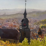 #675 / Stadtkirche Vaihingen an der Enz im morgendlichen Gegenlicht, Aquarell,  City church in the morning backlight (Vaihingen an der Enz), watercolor painting, plein air, Aquarellpapier/watercolor paper: Arches 185 g/m²,  Bildausschnitt H x B (H x W): 3
