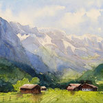 #614 / Stechelberg, Aquarell, watercolor painting, Aquarellpapier/watercolor paper: Hahnemühle Ingres 100 g/m²,  Bildausschnitt H x B (H x W): 40 cm x 60 cm, VERKAUFT/SOLD