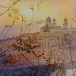 #904 / Stadt-Land-Fluss - Passau (III), Aquarell,  City-Country-River - Passau (III), watercolor painting, Aquarellpapier/watercolor paper: Arches 185 g/m²,  Bildausschnitt H x B (H x W): 36 cm x 48 cm, VERFÜGBAR/AVAILABLE