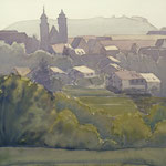 #660 / Zwielicht - Markgröningen und Hohenasperg, Aquarell,  Twilight - Markgröningen and Hohenasperg, watercolor painting, Aquarellpapier/watercolor paper: Arches 185 g/m²,  Bildausschnitt H x B (H x W): 75 cm x 50 cm, VERFÜGBAR/AVAILABLE