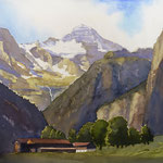 #763 / Schweizer Alpen - Lauterbrunnental, Aquarell,  Swiss Alps - Lauterbrunnen valley, watercolor painting, Aquarellpapier/watercolor paper: Arches 185 g/m²,  Bildausschnitt H x B (H x W): 50 cm x 75 cm, VERFÜGBAR/AVAILABLE