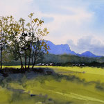 #638 / Bei Altaussee, Aquarell,  Of mountains and meadows - A summer afternoon nearby Altaussee, watercolor painting, Aquarellpapier/watercolor paper: Arches 185 g/m²,  Bildausschnitt H x B (H x W): 36 cm x 54 cm, VERKAUFT/SOLD